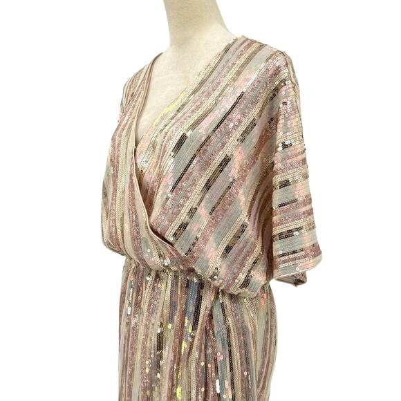 Karlie Sequin Gold Glitter Stripe Faux Wrap V-neck Mini Party Dress - Picture 9 of 16